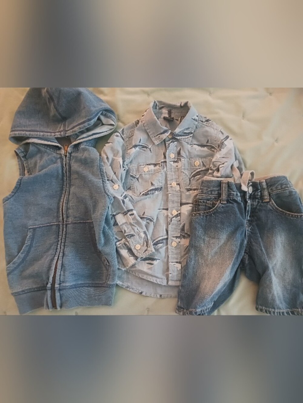 Kids Blue Vest, Shark Denin Shirt & Shorts, Size 3 Bundle Of 3